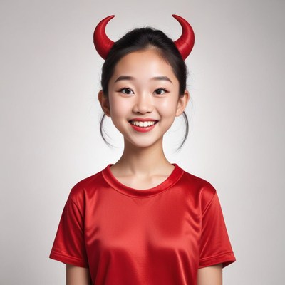 Smiling girl wearing red horns and a matching shirt