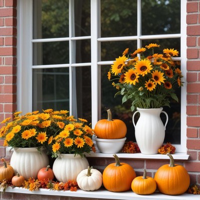 Sunny flowers and pumpkins decorate a cozy window