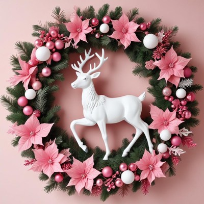 Festive wreath with pink decorations and a white deer