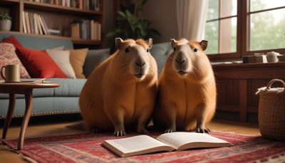 Two capybaras reading a book in a cozy living room