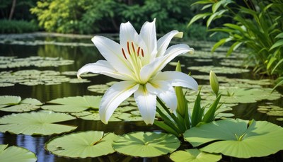 Beautiful white lily blooming in calm pond waters