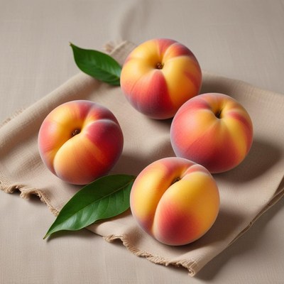 Fresh peaches on a soft cloth with green leaves
