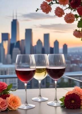 Elegant sunset view with wine glasses and flowers in city