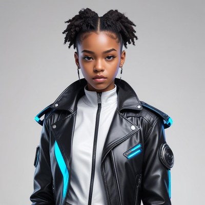 Trendy young woman in a futuristic jacket and hairstyle
