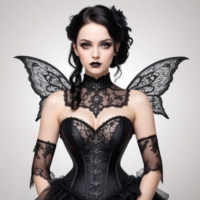 Gothic fairy with delicate wings in artistic outfit