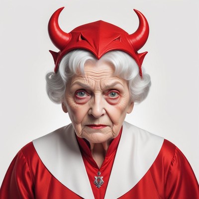 Elderly woman in red devil costume with striking features