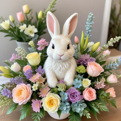 Beautiful spring arrangement with a rabbit centerpiece