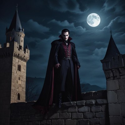 Dark figure stands on castle wall under full moon