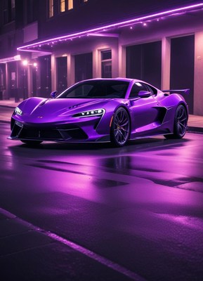Luxury purple sports car shines under neon lights at night