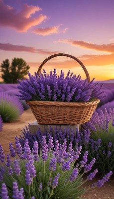 Lavender basket at sunset in a blooming field
