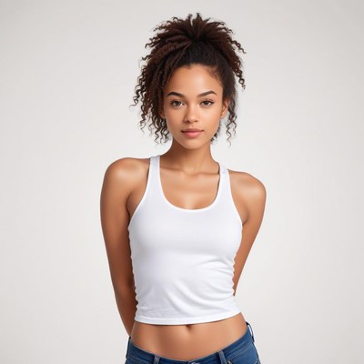 Model poses confidently in simple white tank top