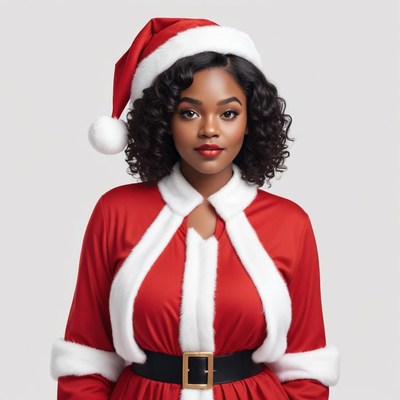 Woman in festive santa costume with red and white design