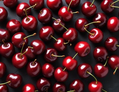 Vibrant red cherries arranged on a dark surface
