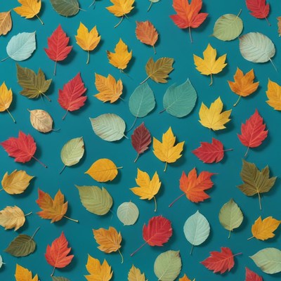 Colorful leaves arranged on a blue background