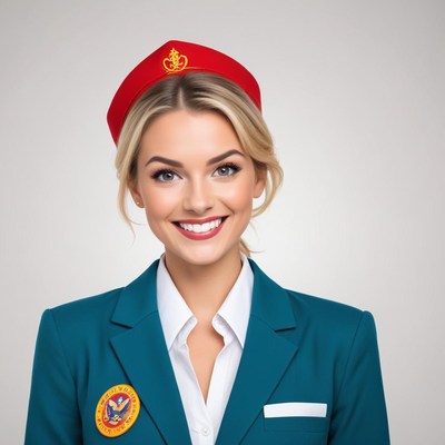 Flight attendant promoting travel with a warm smile