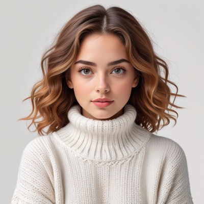 Young woman in cozy sweater with soft curls