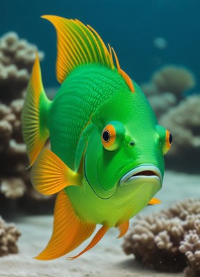 Bright green fish swimming near coral reef