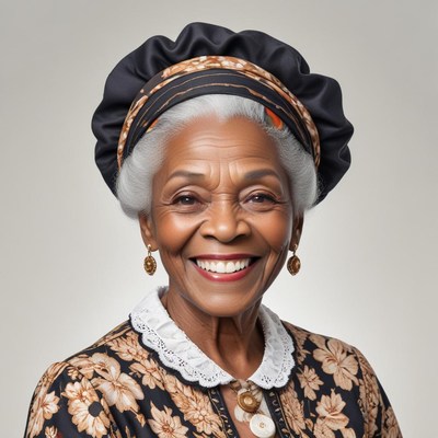 Elderly woman smiling in traditional floral attire