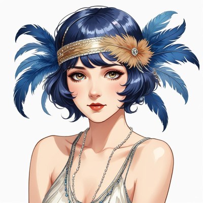Woman with blue feathers in headband and vintage attire