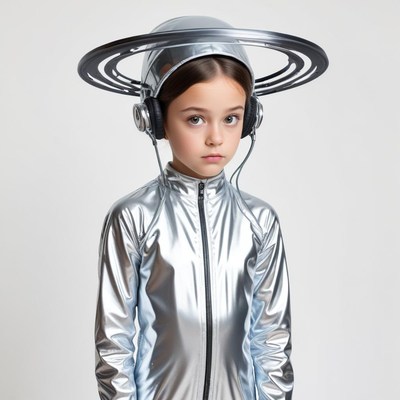 Child in metallic space costume with unique headgear