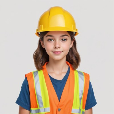 Girl wearing a bright safety vest and helmet at work site
