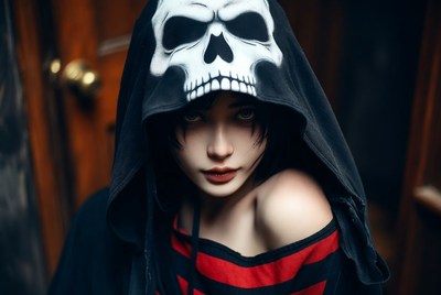 Girl wearing halloween costume with skull hood