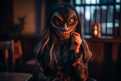 Mysterious figure wearing a creepy mask in a dim setting