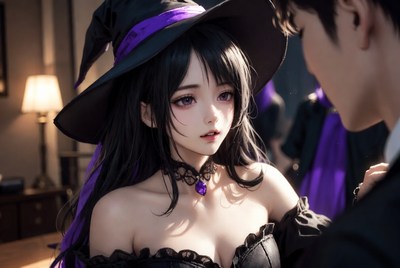 Witch and magician share a moment during a costume event