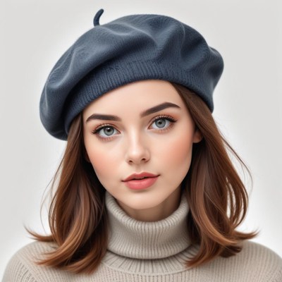 Woman wearing a dark beret and sweater in a studio setting