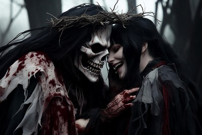 Couple dressed in halloween costumes share a moment