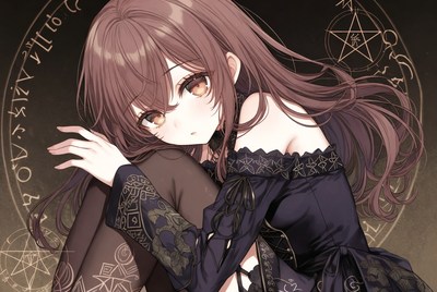 Girl in dark outfit with magical symbols around her