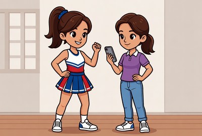 Cheerleader and friend chatting in bright room