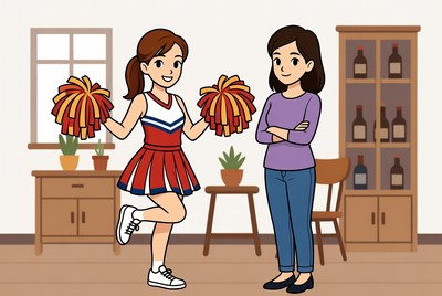 Cheerleader performs in a cozy living room setting