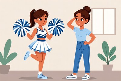 Cheerleader and casual girl in a bright indoor setting