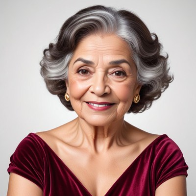 Senior woman smiling in elegant outfit with gray hair