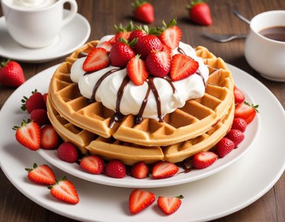 Delicious waffles topped with strawberries and cream