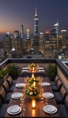 Dinner setting with skyline view at dusk in new york city