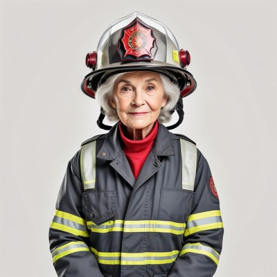 Elderly woman dressed as firefighter poses for a portrait