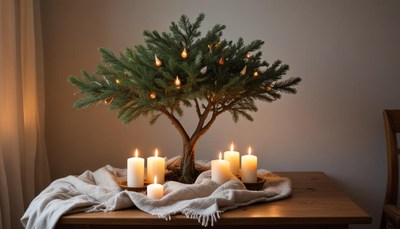 Decorative pine tree with candles on a wooden table