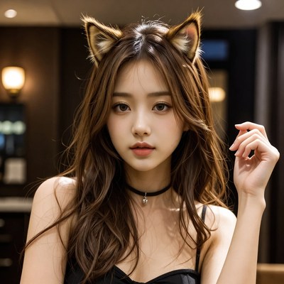 Young woman with cat ears at stylish indoor setting