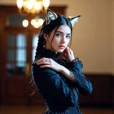 Girl in black dress with cat ears poses elegantly indoors
