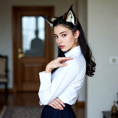 Young woman with fox ears in a stylish indoor setting