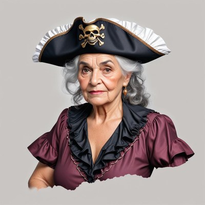 Elderly woman dressed as a pirate with a dramatic hat