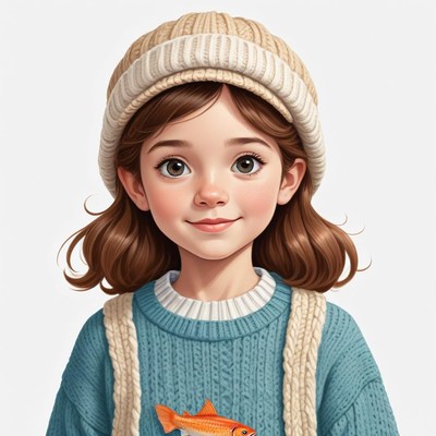 Young girl wearing a winter hat with a fish on her sweater