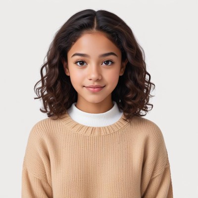 Girl with curly hair in cozy sweater and soft smile