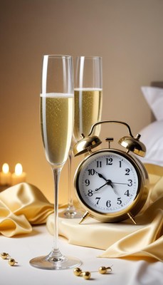 Champagne glasses and clock set for celebration at night
