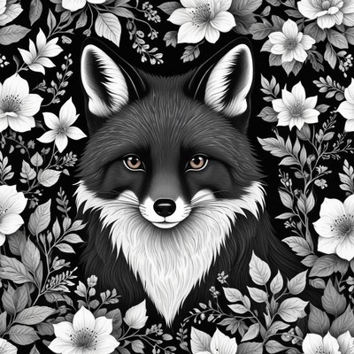 Fox encircled by detailed black and white florals