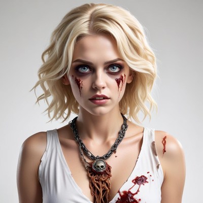 Model in horror-themed outfit with dramatic makeup