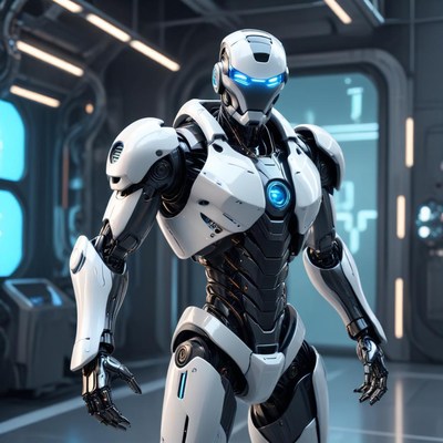 Futuristic robot stands in high-tech laboratory setting