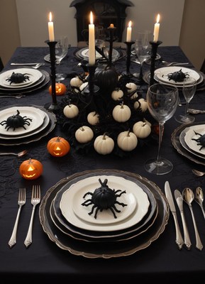 Elegant halloween dinner table setting with spooky decor